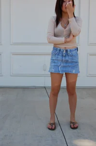 Nice Asian Candid Girl in Denim Skirt and Slippers