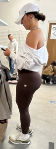 Brunette college PAWG in maroon leggings from every angle
