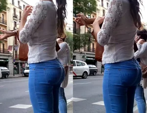 Bubble butt on the street in tight light blue jeans
