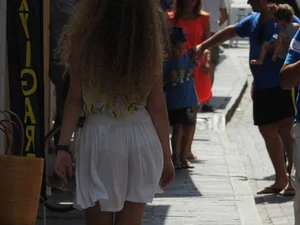 White see through skirt girl walking with white panties underneath