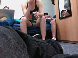 College babes in a dorm room in little shorts