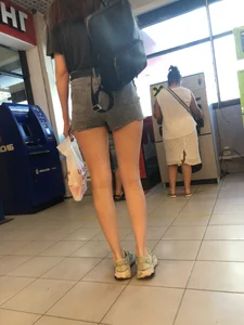 Candid Girl in Denim Shorts Waiting in Line to an ATM - Sexy Booty And Legs Creepshots