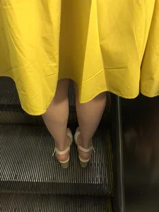 Girl in Yellow Dress and Heeled Sandals on Subway Escalator Candid Upskirt