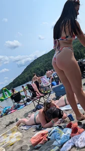 Tight beautiful black hair Girl on the beach in bikini multi colors. oc