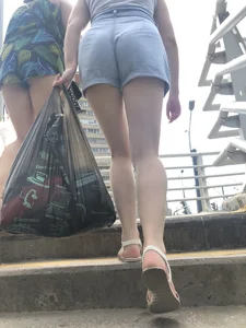 Sexy Butt And Legs in Denim Shorts - Candid Girl in Sandals Walking Up the Stairs Creepshots Gallery