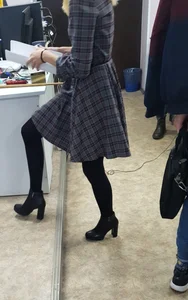 Thin Candid Legs in Black Pantyhose - Office Creepshot of a Girl in a Checkered Dress on High Heels