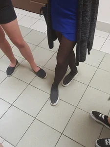 Blonde College Girl's Legs in Black Pantyhose - Short Blue Dress Creepshots