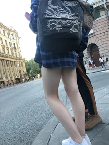 Candid teen with hot slim legs at the crosswalk street creepshots