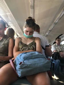 Cute Candid Teen Girl in Shorts Fell Asleep in a Public Train