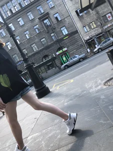 Candid Teen in Denim Shorts And Sneakers With Slim Legs Street Photos