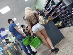 Grocery store blonde with a nice ass in tight white shorts