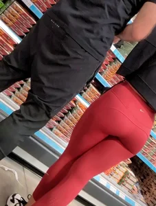 Sexy Slim Blonde Shopping in Red Leggings