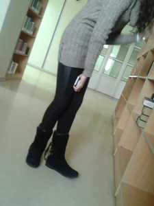 Candid Girl in a Grey Sweater And Leggings Bending Over at the Library, Creepshots Gallery