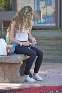 Beautiful babe out walking in leggings and showing some cleavage of her perfect tits