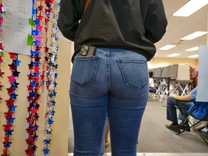 Ebony in jeans  in the voting line