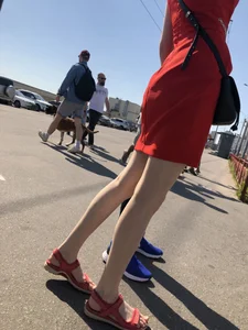 Girl in a Red Dress and Sandals With Thin, Pale Legs on the Crosswalk City Creepshots Gallery