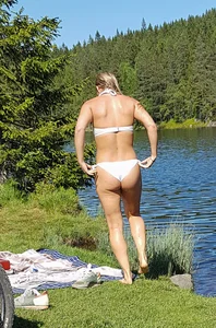 White semi-thong bikini blonde with a nice ass and tits at the lake