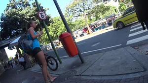 Skinny sexy girl buying ice cream in tight spandex shorts with a nice ass, gap, and camel toe