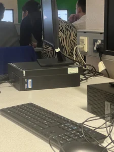 Teacher wearing a long zebra-patterned skirt bending over in class