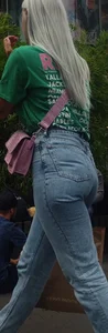 Blonde girl wearing blue jeans with a great ass street creepshots