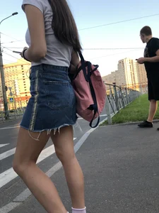 Girl in Denim Skirt with Hot Skinny Legs Street Candid