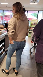 A Homely Candid Girl in Tight Blue Jeans With a Cool Bubble Ass And Nice Legs, Creepshots at the Supermarket