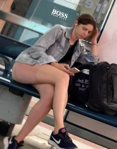 Beige shorts at bus stop