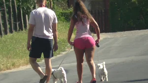 Thick booty babe walking her dogs in pink shorts