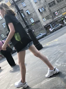 Candid Teen in Denim Shorts And Sneakers With Slim Legs Street Photos