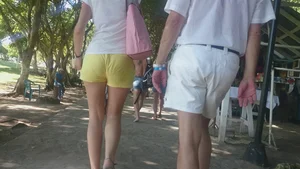 Milf in yellow shorts with vpl and a wedgie
