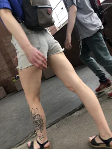 A Gorgeous Tall Ginger Girl in Shorts And Sandals With Tattooed Legs Street Creepshots