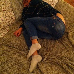Girl in White Socks and Jeans Asleep in Bed Candid Pic