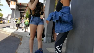 Amazingly Hot Candid Girl in Denim Shorts on the Street, Great Legs