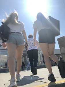 Stocky Girls in Denim Shorts on the Street Stairs Nice Legs Candid Photos
