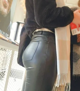 Blonde girl with nice big tight ass in lether jeans