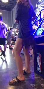 Girl’s Long Thin Legs and Ass in Denim Mini Shorts Creepshot - Feet in Sandals Too