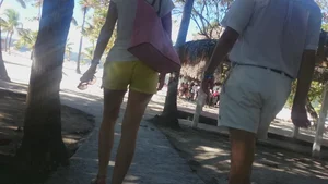 Milf in yellow shorts with vpl and a wedgie