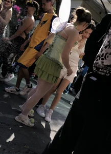 Carnival girls wearing pantyhose, spandex shorts, stockings, skirts and other outfits