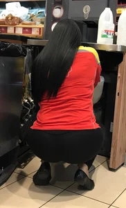 Convenience store employee with a sexy big ass in leggings