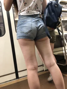Cute And Slightly Awkward Tall Teen Girl in a Top and Denim Shorts Subway Train Candid Photos