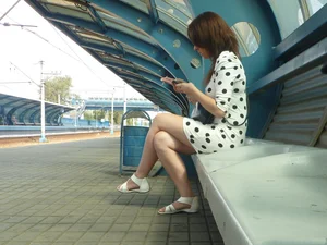 Sexy girls in skirts, stockings and upskirts on the train