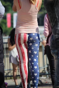 Girl With Great Body in American Flag Themed Tights on the Street Hot Candid Photos Gallery