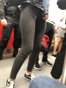 Long Skinny Legs in Black Denim - Subway Train Closeup Candid