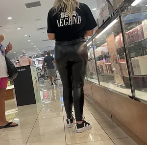 Pretty blonde pawg in black leather leggings