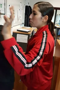 Latina teen with braces in red sweats with a nice booty and vtl