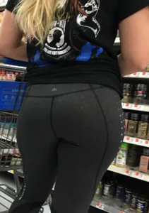 PAWG blonde shopping at Walmart in tight grey leggings
