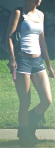 Skinny babe going to her car in little cotton shorts