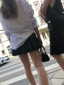 Nice skinny legs, candid girl in a blouse and a skirt street creepshot