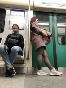 Cute Young Girl in Tight Blue Jeans And Leather Jacket Subway Creepshots