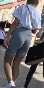 Hot blonde with VTL in grey shorts